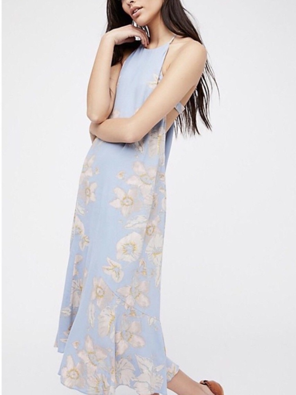 Free People Blue Floral Open Back Midi Dress Medium
